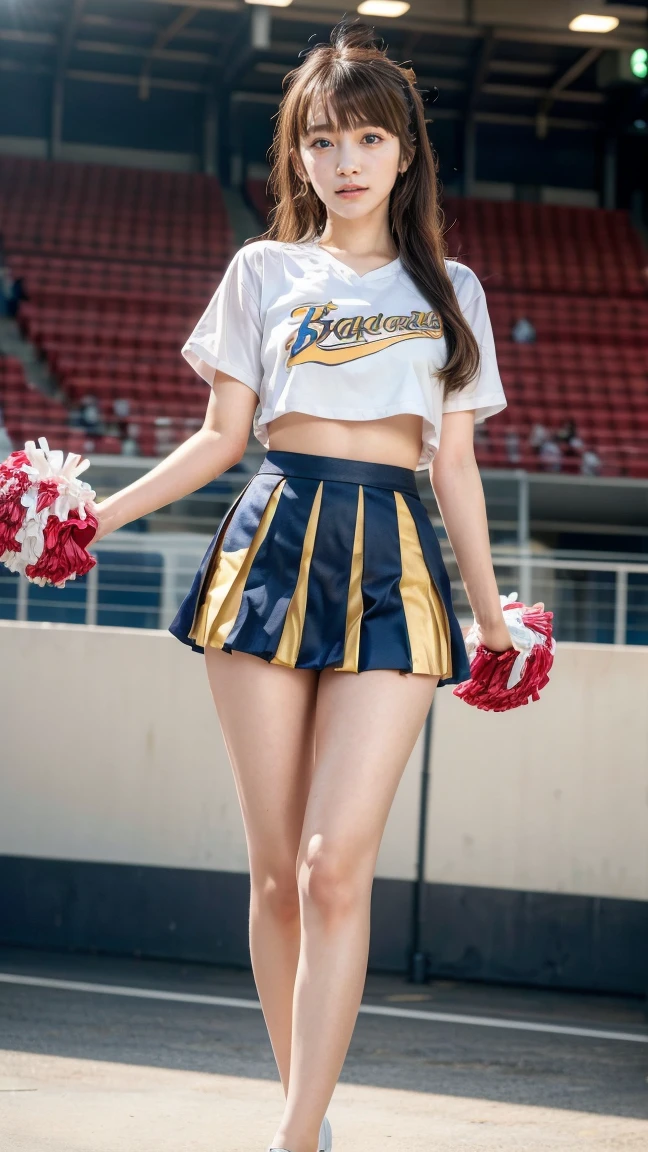 A beautiful young Japanese woman, 20 years old, with perfect anatomy, healthy thighs, beautiful feet, flawless skin, random hair color and style, large bust, (she is standing:1.2), wearing a cheerleader uniform with micro-pleated miniskirt, in a full body shot, standing in a stadium, (best quality,4k,8k, highres, masterpiece:1.3), (extremely detailed:1.2), Rina Kawaei