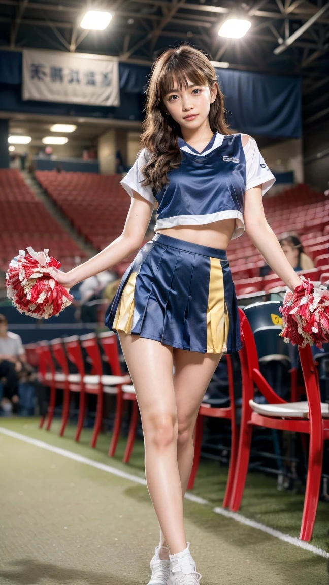 A beautiful young Japanese woman, 20 years old, with perfect anatomy, healthy thighs, beautiful feet, flawless skin, random hair color and style, large bust, (she is standing:1.2), wearing a cheerleader uniform with micro-pleated miniskirt, in a full body shot, standing in a stadium, (best quality,4k,8k, highres, masterpiece:1.3), (extremely detailed:1.2), Rina Kawaei