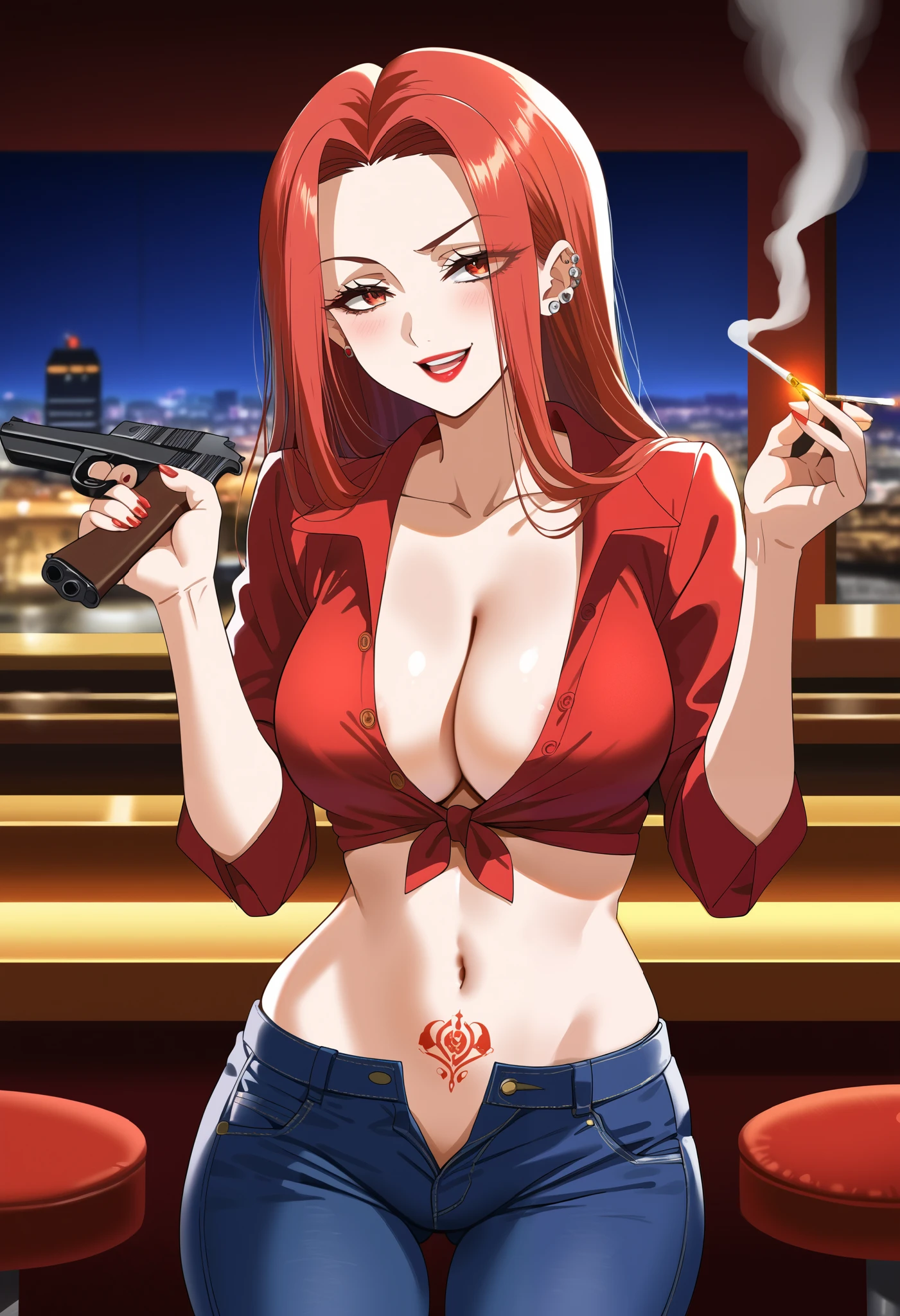 score_9, score_8_up, source_anime, 1girl, solo, SoryuinShion, long hair, parted bangs, large breast, cleavage, red dress, smirk, ear piercing, long hair, blush, lipstick,Hot girl, baddie, smoking, sensual, attractive ,bar
background, inside bar,indoors, cityscape, casino, nightclub, city lights, masterpiece,high
quality,4k,belly,,holding pistol,cleavage, unbuttoned shirt, shirt, knot, indoor,smile, open mouth,
(nsfw) not safe for work, evil expression, exposed belly, exposed navel, exposed midriff, exposed
lower belly, crop top overhang, underboob,jacket, unbuttoned jeans , low rise black jeans, Low rise
jeans, Low rise jeans with open fly,  nipple slip, tattoo on body, dragon tattoo, tattoo midriff,  ecchi anime style, anime girl,  digital anime art!!, in anime style, , beautiful anime girl, anime style 4 k, 