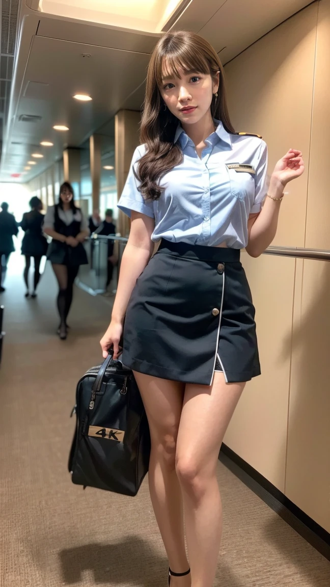 A beautiful, 24-year-old Japanese woman with perfect anatomy, healthy thighs, beautiful legs, beautiful skin, random hair color and style, large breasts, (wearing a flight attendant uniform with a mini-skirt:1.3), (she is standing:1.2), full body shot, pumps, carrying a suitcase, at the airport, (best quality,4k,8k,highres,masterpiece:1.3),(extremely detailed:1.2),realistic,photorealistic,photo-realistic:1.37,professional,vivid colors, studio lighting, Rina Kawaei