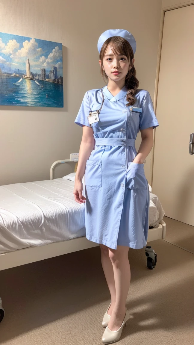 a beautiful young 24-year-old Japanese woman, beautiful, detailed anatomy, beautiful skin, random hair color and hairstyle, big breasts, nurse hat, (nurse uniform:1.3), nurse cap, (she is standing:1.2), full body shot, high heels, hospital, (best quality,8k, masterpiece:1.3), (extremely detailed:1.2), Rina Kawaei