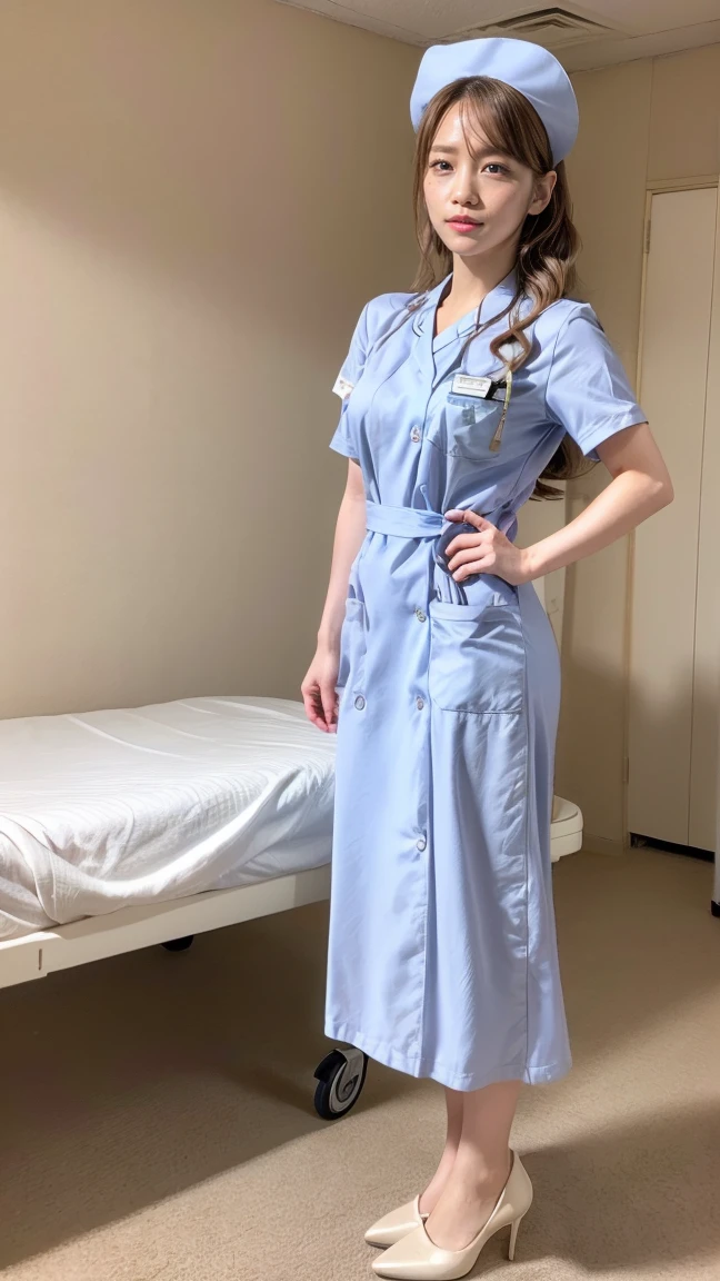 a beautiful young 24-year-old Japanese woman, beautiful, detailed anatomy, beautiful skin, random hair color and hairstyle, big breasts, nurse hat, (nurse uniform:1.3), nurse cap, (she is standing:1.2), full body shot, high heels, hospital, (best quality,8k, masterpiece:1.3), (extremely detailed:1.2), Rina Kawaei