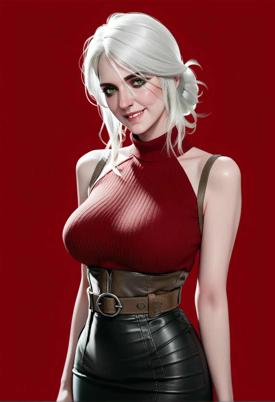 ciri_w3,white hair,1girl,solo,red background,,ruanyi0892,belt,black pantyhose,high-waist skirt,sleeveless sweater,score_9, score_8_up, score_7_up, score_6_up, score_9, score_8_up, score_7_up, score_6_up source_anime, blush, 1girl, seduce smile, perfect body , natural huge breasts