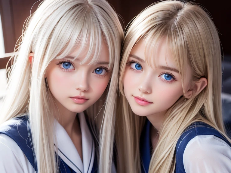 a group of VAMPIRE CHILD GIRLS, PORTRAIT, WITH VERY LONG STRAIGHT BLONDE HAIR, PORTRAIT, people standing around each other in the snow, PETROLEUM BLUE BACKGROUND.