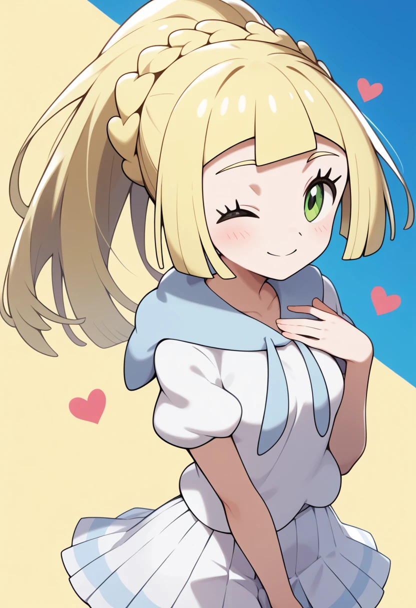 score_9, score_8_ up, score_7_ up, score_6_ up, score_5_ up, score_4_ up,  Source_Anime, aalillie,  long hair, Blonde,  French braid ,  ponytail,  green eyes,  small breasts,  white shirt, Short sleeve,  pleated skirt,  white skirt,  closes one eye, Heart Hands, smile, indoor,