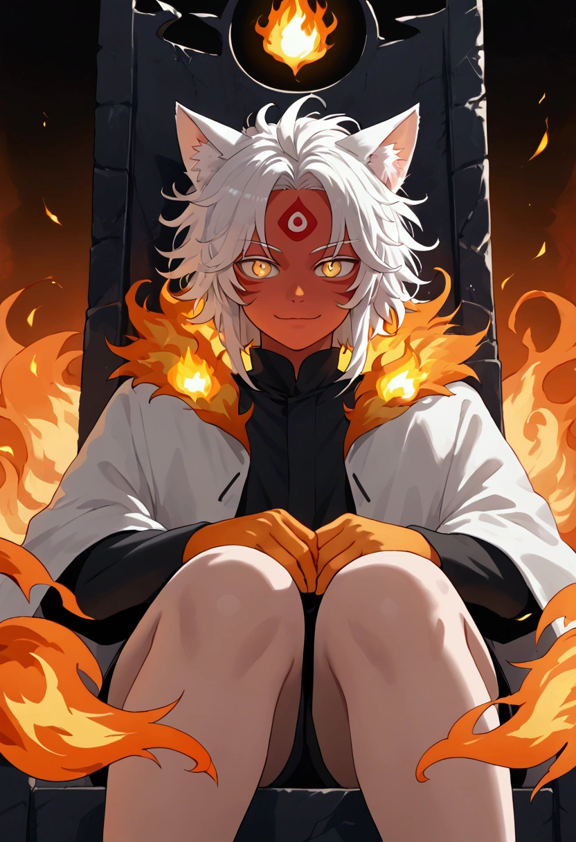 man, fire hair, white skin, red face paint, anime style, fire powers, yellow cat eyes, white hair, cat-style third eye on forehead, orange hands, closed-mouth smile, messy hair, light white jacket, black top underneath, sitting on a throne, hands covered in fire, kitsune, cat eyes, solo