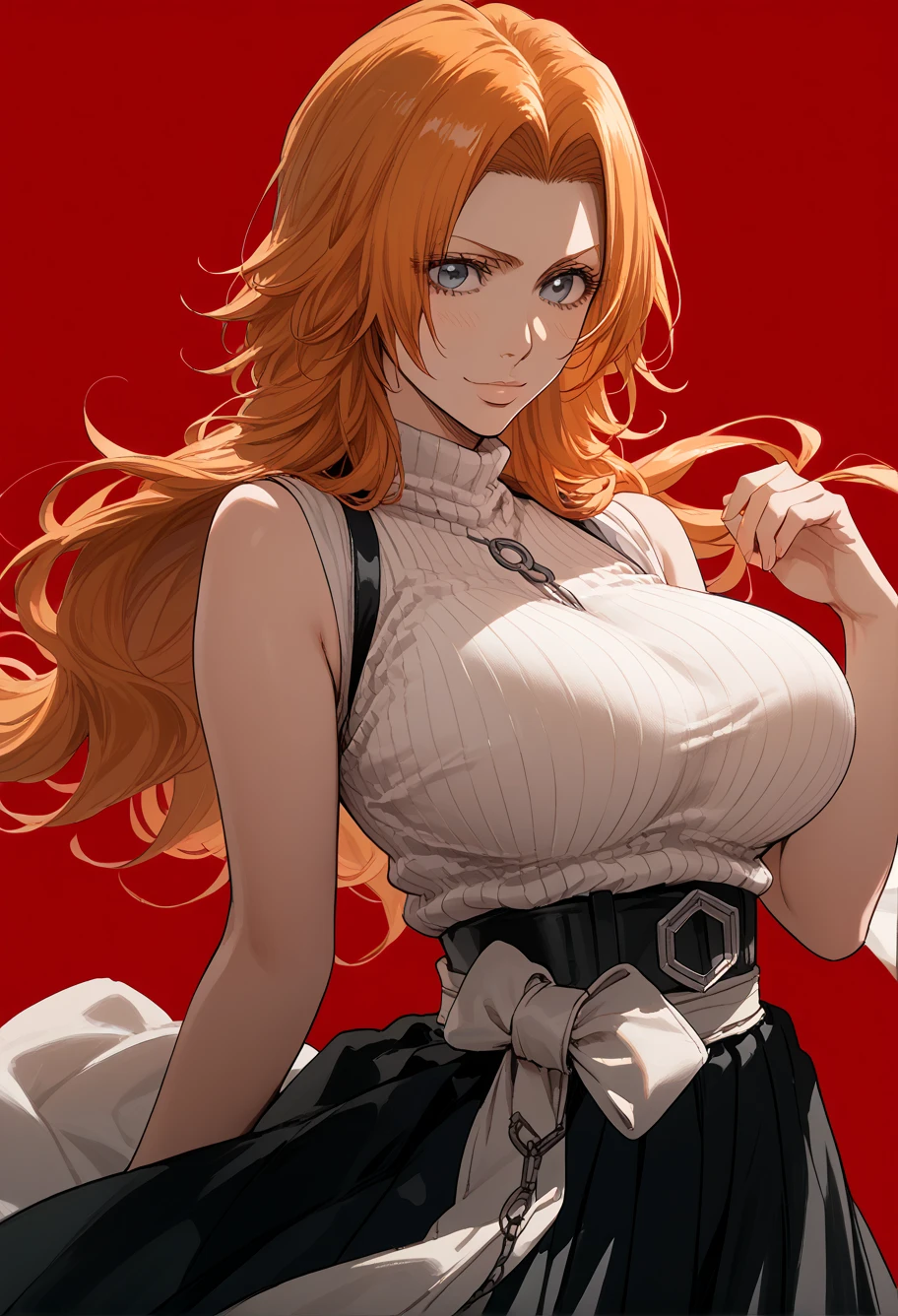 rangiku matsumoto,bleach,orange hair,1girl,solo,red background,,ruanyi0892,belt,black pantyhose,high-waist skirt,sleeveless sweater,score_9, score_8_up, score_7_up, score_6_up, score_9, score_8_up, score_7_up, score_6_up source_anime, blush, 1girl, seduce smile, perfect body , natural huge breasts