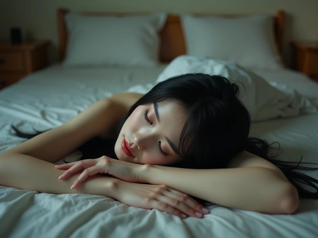 ((Naked Japanese sex slave lying asleep:1.3)),((lying:1.3)),(sweaty whole body),((very dark:1.3)),(bed),(messy hair)