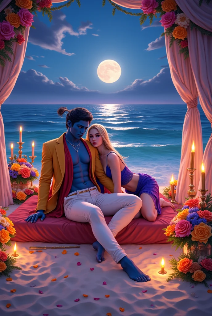 An anime inspired bold and evocative artistic scene of Krishna and Radha on a serene moonlit beach, blending divine mythology with daring modern aesthetics. Krishna, with radiant blue skin, reclines confidently on luxurious bedding laid in the soft sand, surrounded by cascading curtains that billow gently in the sea breeze. He wears a modern, fitted mustard-yellow blazer left unbuttoned over a sculpted chest and deep crimson shirt, paired with slim white trousers. His iconic flute lies close to him, and a peacock feather in his hair. Radha, with sun-kissed golden-white skin and flowing hair, wears a daring, semi-tranaparent sheer low-waist sundress in blue and deep pink tones. She leans intimately toward him her gaze bold and unrestrained.. Around them, vibrant flowers in lush arrangements spill onto the sand, mingling with scattered jasmine petals that glimmer under the candlelight. Elegant candelabras and flickering candles cast a warm, golden glow over the scene. The waves shimmer softly in the background, heightening the mystical and romantic atmosphere of this captivating moment.