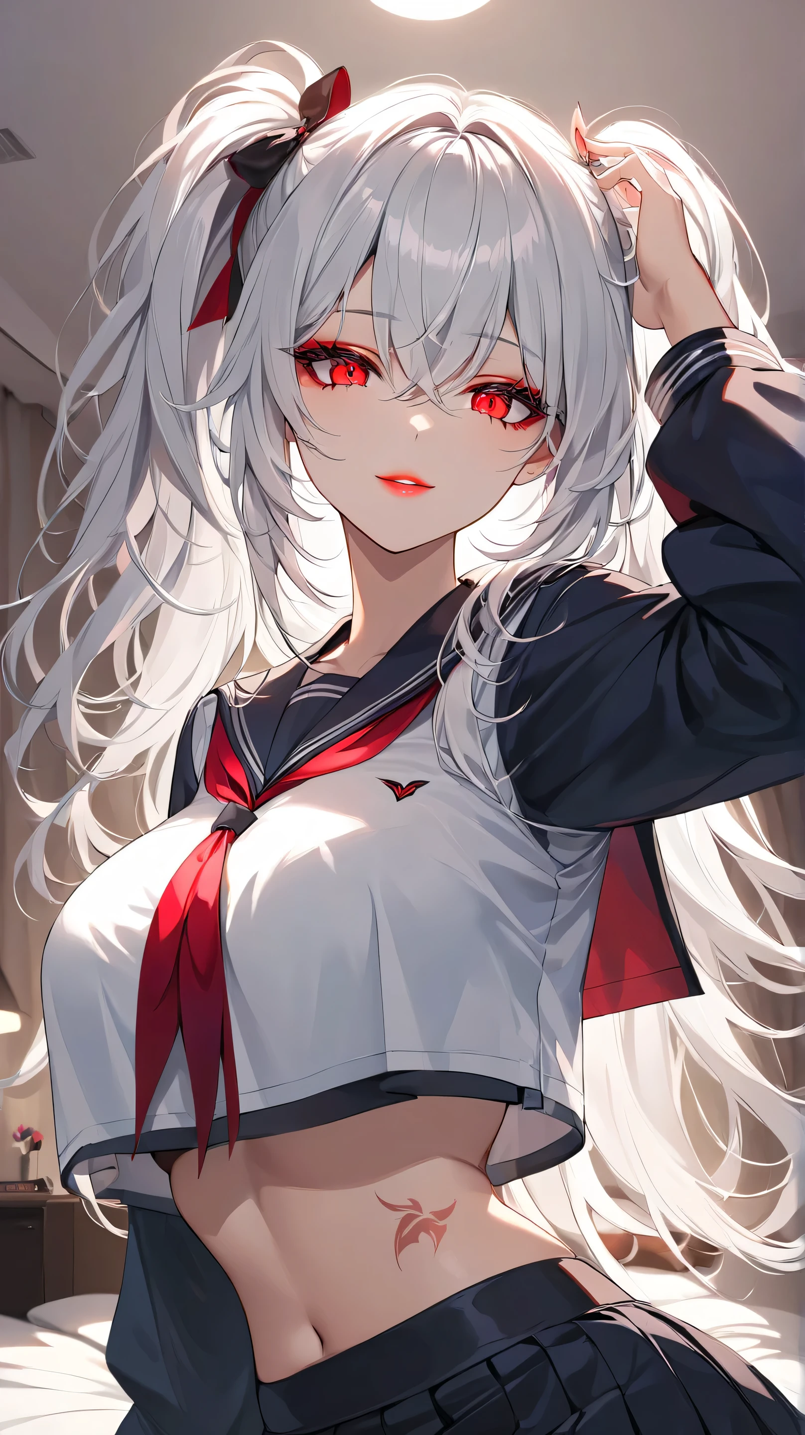 Red Hoodie girl small breasts small triangular white hair ornament