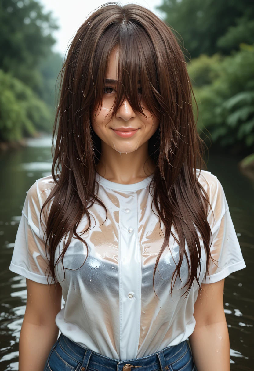 Pokimane, white t shirt, blue short jeans, upper body, looking at viewer, smirk, brown wet hair over face looking at hair over eyes, brown wet hair over eyes, wet clothes, brown wet shiny hair over eyes, wet hair over face, brown wet hair over face looking at viewer, hair over eyes, hair covering eyes, wet hair over eyes, wet clothes, wet shiny hair over eyes, eyes, eyes, eyes, eyes, full body, white shoes, long hair
