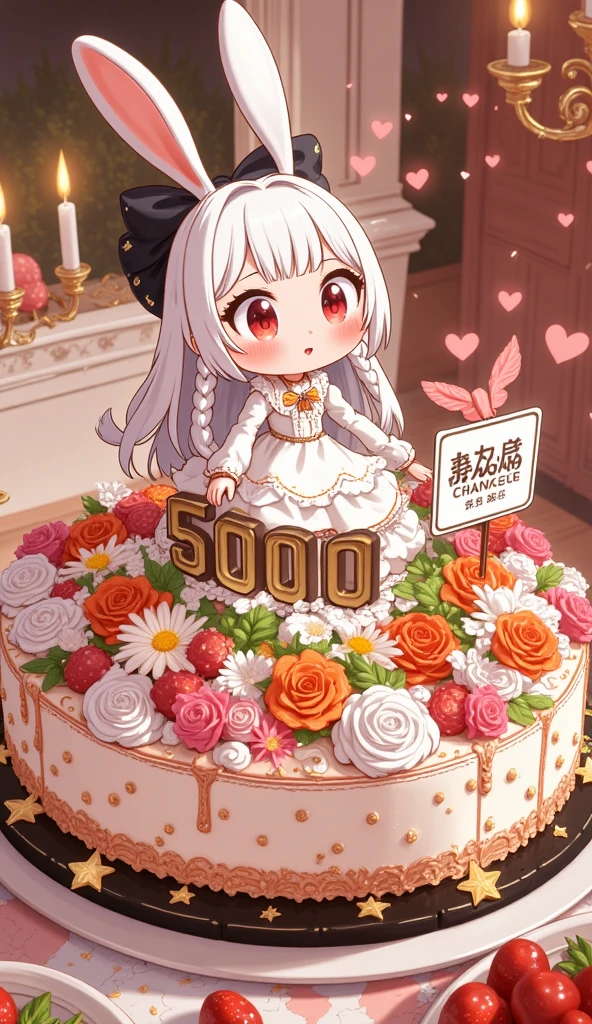 board on cake say "5000 Thanks". Pop and vivid and comical and colorful and cute art. gorgeous and colorful heart marks and star marks. rabbit girl\(chibi,cute, kawaii,red eyes,white rabbit ears, wearing pretty white dress embroidered with shiny white silk, luxuriously braided long white hair, big black hair bow, bangs, idol, looking at cake, put strawberry on cake, smiling\) making surreal gigantic multilevel decorated cake\(with fresh strawberry and colorful rose\).decorated room for a party, inviting viewer. Thanking. newest anime style.Perfect hand,Detailed hand. focus the cake, beautiful bokeh, great vivid lighting, chandelier