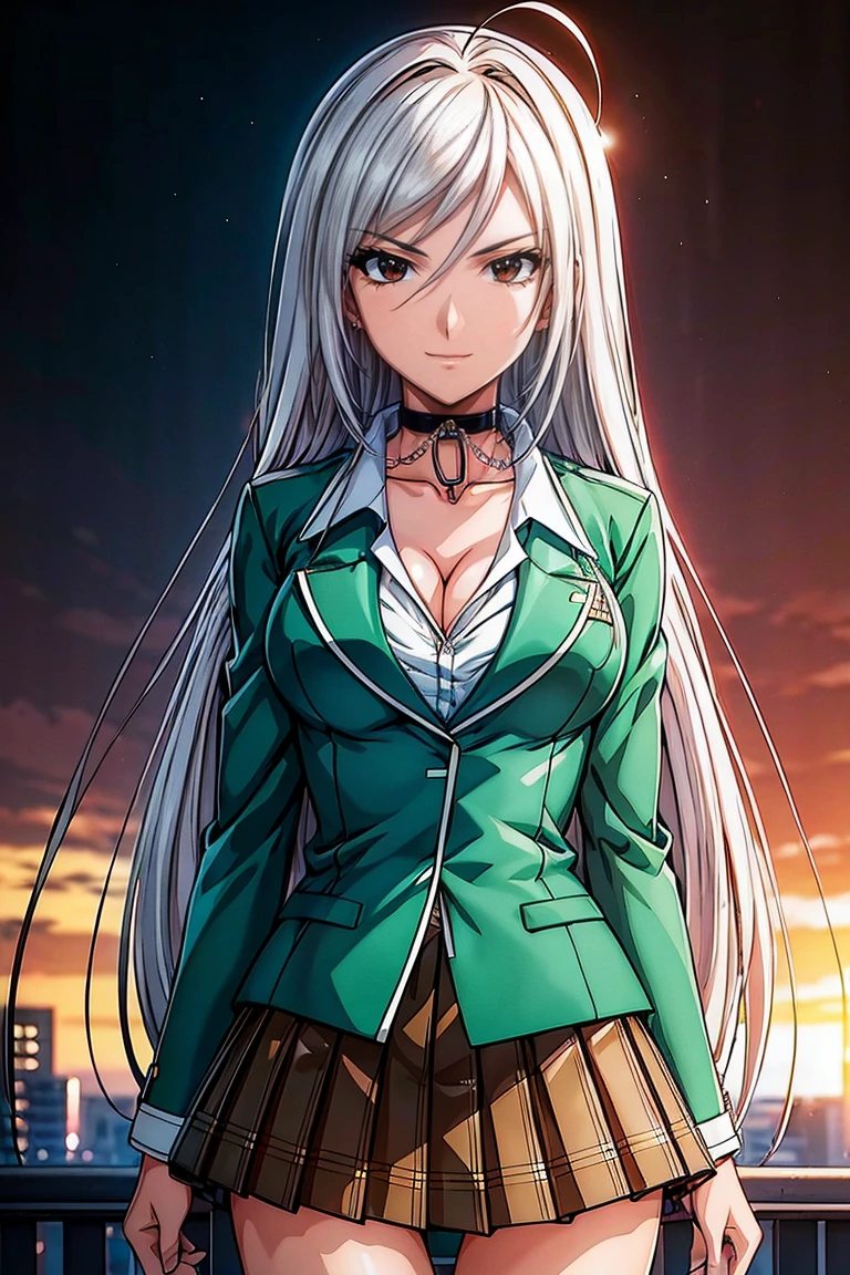 (masterpiece, best quality), 1girl, <lora:akashiyamoka-nvwls-v1:0.8> outermoka, pink hair, ahoge, green eyes, choker, cross chain, cleavage, green blazer, green jacket, plaid skirt, innermoka, silver hair, red eyes, choker, chain, cleavage, green blazer, green jacket, plaid skirt