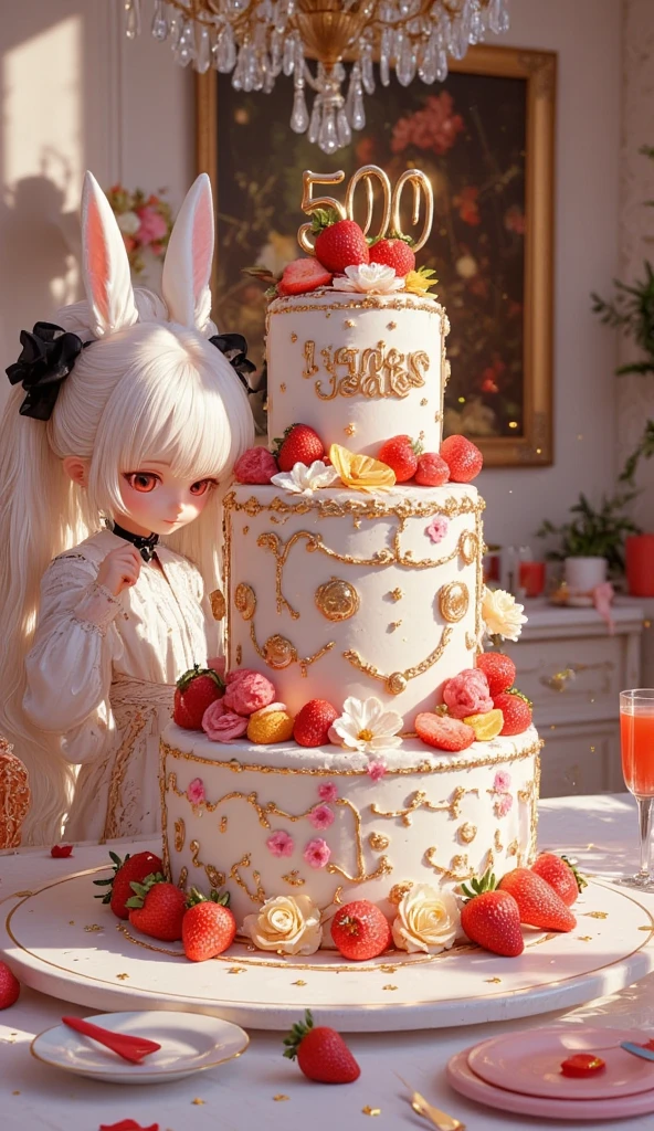 board on cake say "5000 Thanks". Pop and vivid and comical and colorful and cute art. gorgeous and colorful heart marks and star marks. rabbit girl\(chibi,cute, kawaii,red eyes,white rabbit ears, wearing pretty white dress embroidered with shiny white silk, luxuriously braided long white hair, big black hair bow, bangs, idol, looking at cake, put strawberry on cake, smiling\) making surreal gigantic multilevel decorated cake\(with fresh strawberry and colorful rose\).decorated room for a party, inviting viewer. Thanking. newest anime style.Perfect hand,Detailed hand. focus the cake, beautiful bokeh, great vivid lighting, chandelier