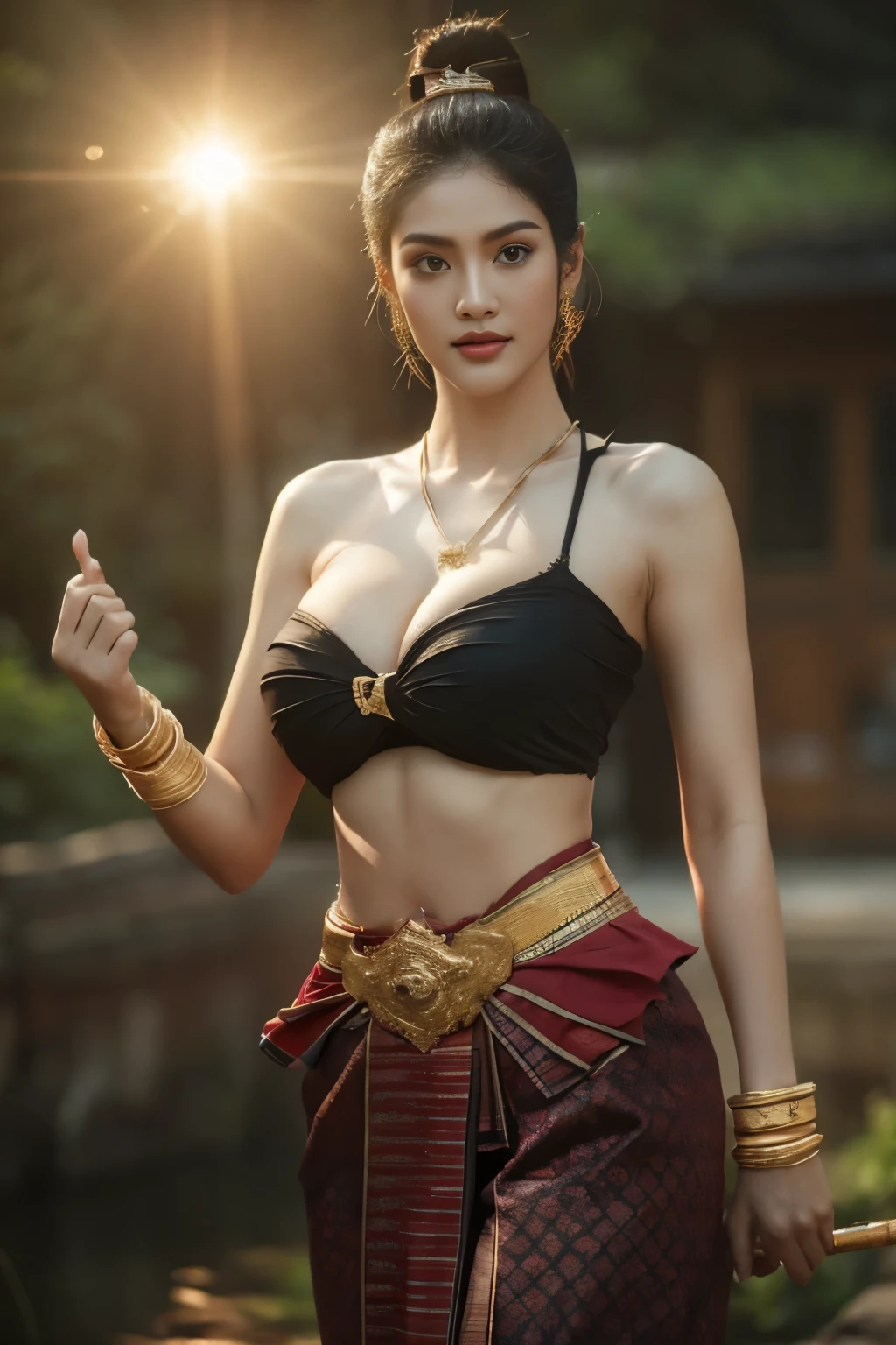 beautiful girl ,Thai women&;warrior, walking at thai measure, dynamic poses, Thai Noi, long ponytail,black eyes,abdominal muscles, plump body, rounded chest, (big breast:1.3), Hold the bow in hand and aim at the target. , rift, morning sun, staring at the audience, (dynamic poses), ((face details)), Double eyelids, that is finished, realistic, Masterpiece, Highest quality, lens flare, shade, old measure, measure, [[Chromatic aberration]], digital painting, HDR, high contrast
