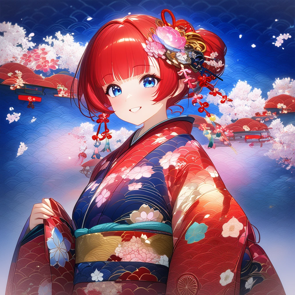   1 girl、Girl、 wearing a kimono with red hair  、   kimono with the face facing forward is a pattern with a happy New Year's image、 Hair length is shoulder length、 blue eyes、 bright smile、 The hair ornament is a cherry blossom 、 Facing me, sitting in a straight position 、  PROFILE  、In 8K、 lens flare 、 fun atmosphere、Shine、Familiar with、  complicated 、Many colors、  bright light from the front with blue background 、  Trending Art Station 、Extremely detailed 、  Unreal Engine 5 、masterpiece、 top quality 、 whole body、 The background is an image of Japanese New Year, and the 