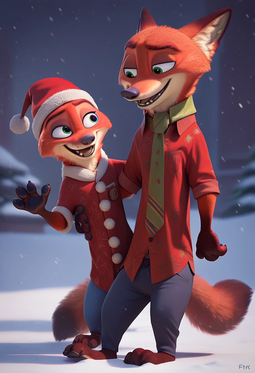 Nick the Fox Man in Zootopia。Winter Zootopia 。night。 snow falling 。 Fantastic。 wearing Santa Claus clothes。Giving presents to ren。smile。