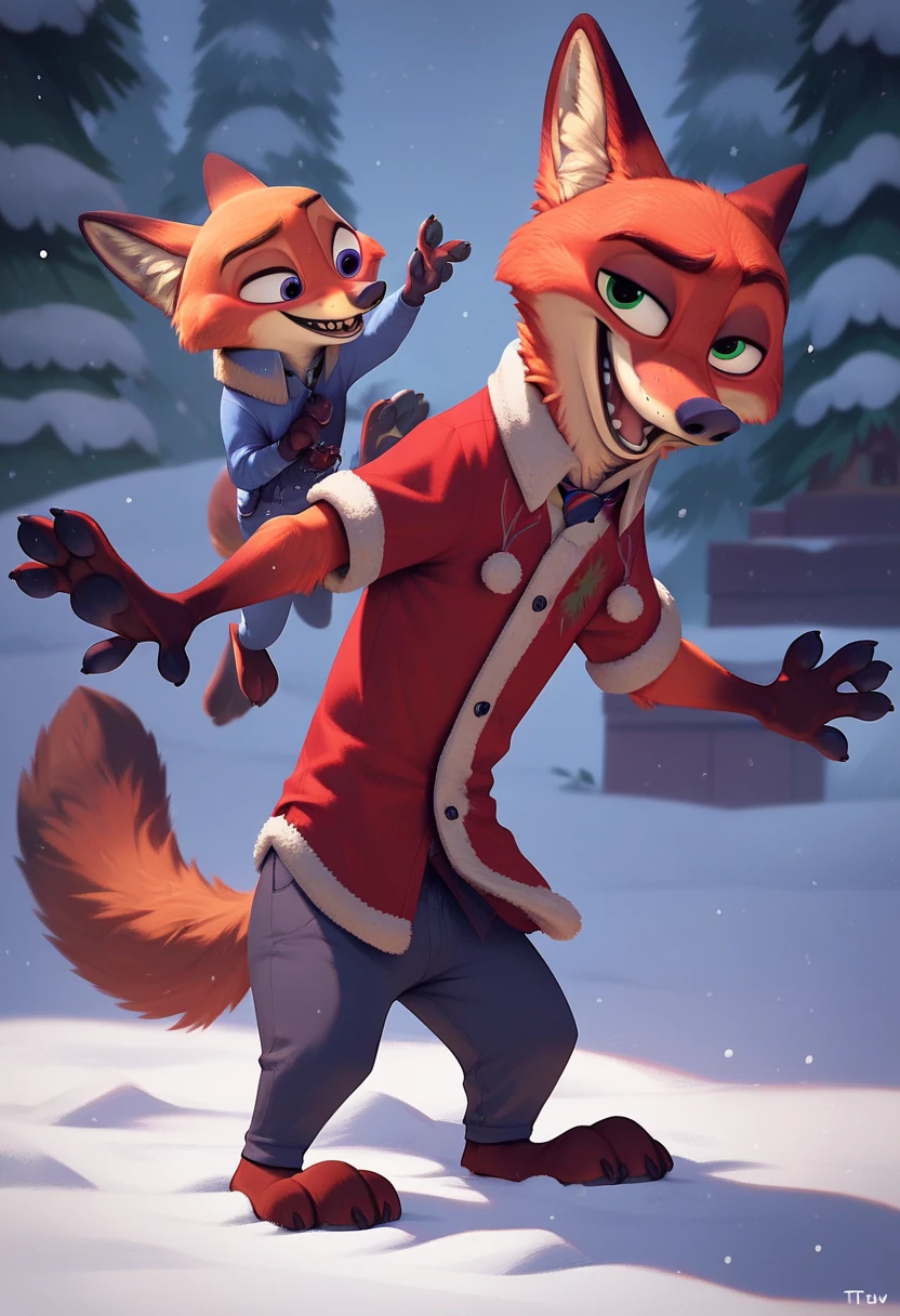 Nick the Fox Man in Zootopia。Winter Zootopia 。night。 snow falling 。 Fantastic。 wearing Santa Claus clothes。Giving presents to ren。smile。