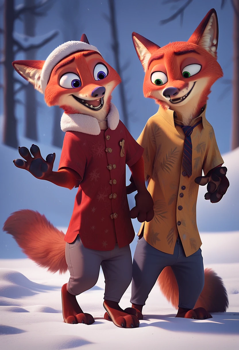 Nick the Fox Man in Zootopia。Winter Zootopia 。night。 snow falling 。 Fantastic。 wearing Santa Claus clothes。Giving presents to ren。smile。