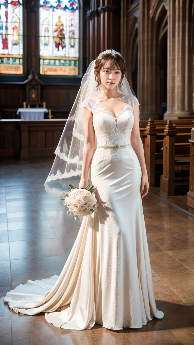 A beautiful young Japanese woman, 26 years old, with healthy thighs, beautiful legs, flawless skin, random hair color and style, large breasts, wearing a (wedding dress:1.3), (she is standing:1.2), full body shot, high heels, holding a bouquet in her hands, in a church setting, (best quality,8k, masterpiece:1.3), (extremely detailed:1.2), perfect anatomy, Rina Kawaei