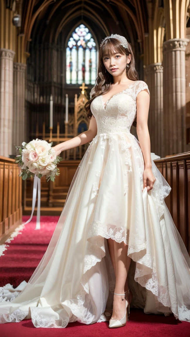 A beautiful young Japanese woman, 26 years old, with healthy thighs, beautiful legs, flawless skin, random hair color and style, large breasts, wearing a (wedding dress:1.3), (she is standing:1.2), full body shot, high heels, holding a bouquet in her hands, in a church setting, (best quality,8k, masterpiece:1.3), (extremely detailed:1.2), perfect anatomy, Rina Kawaei