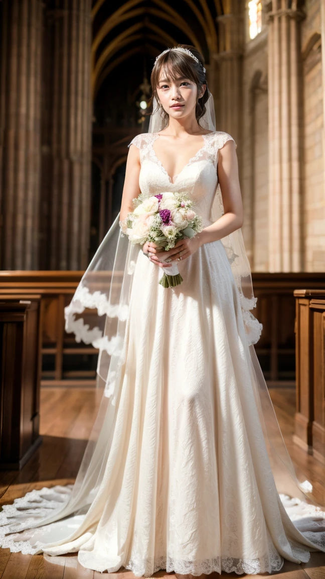 A beautiful young Japanese woman, 26 years old, with healthy thighs, beautiful legs, flawless skin, random hair color and style, large breasts, wearing a (wedding dress:1.3), (she is standing:1.2), full body shot, high heels, holding a bouquet in her hands, in a church setting, (best quality,8k, masterpiece:1.3), (extremely detailed:1.2), perfect anatomy, Rina Kawaei