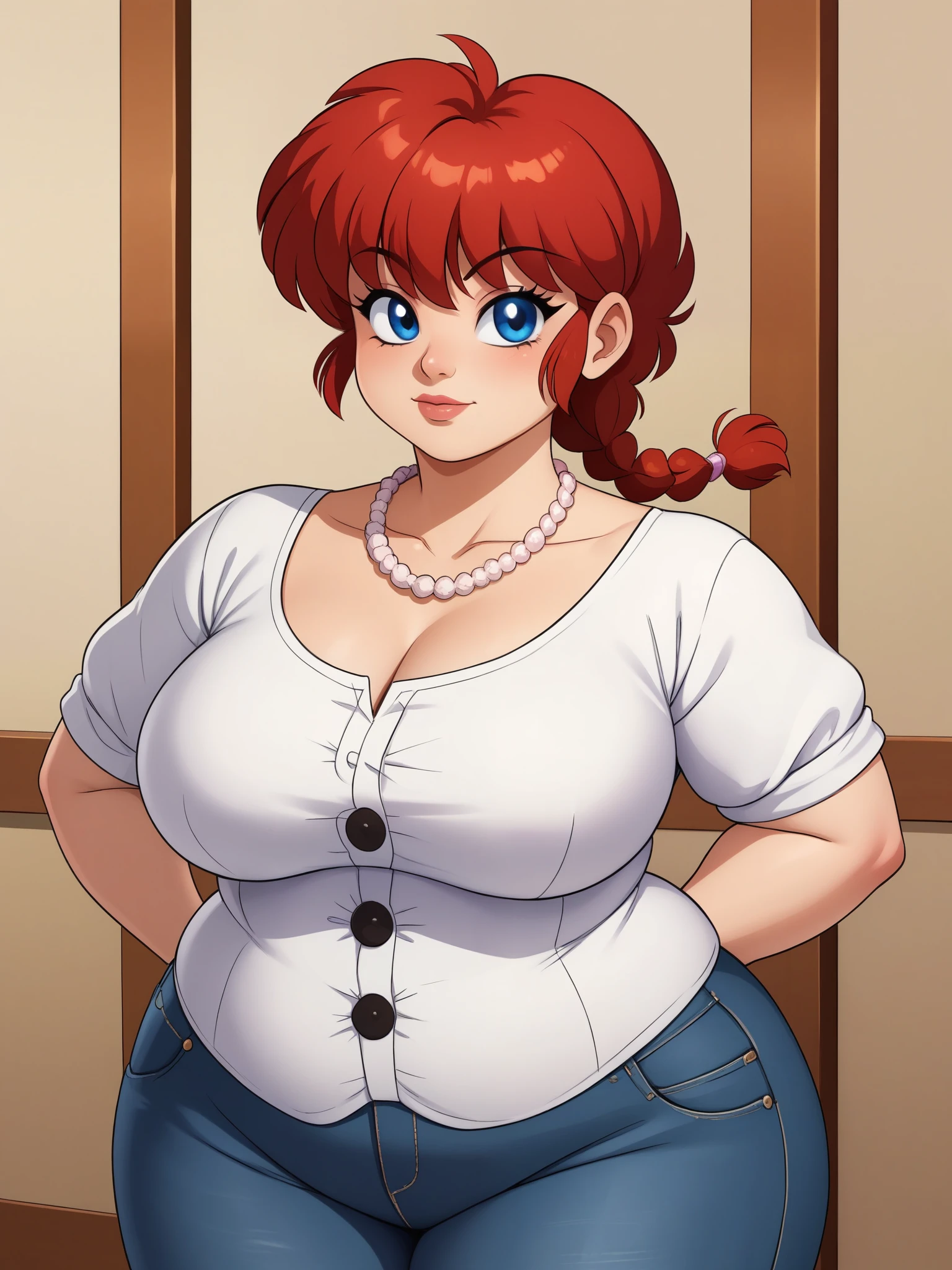 Ranma Saotome.   red hair .  blue eyes . braid.  small saggy chest . . bbw. necklace.  black eyeliner. pink manicure. a corset.  Outcome protection suit.  shirt . jeans. Settlement .