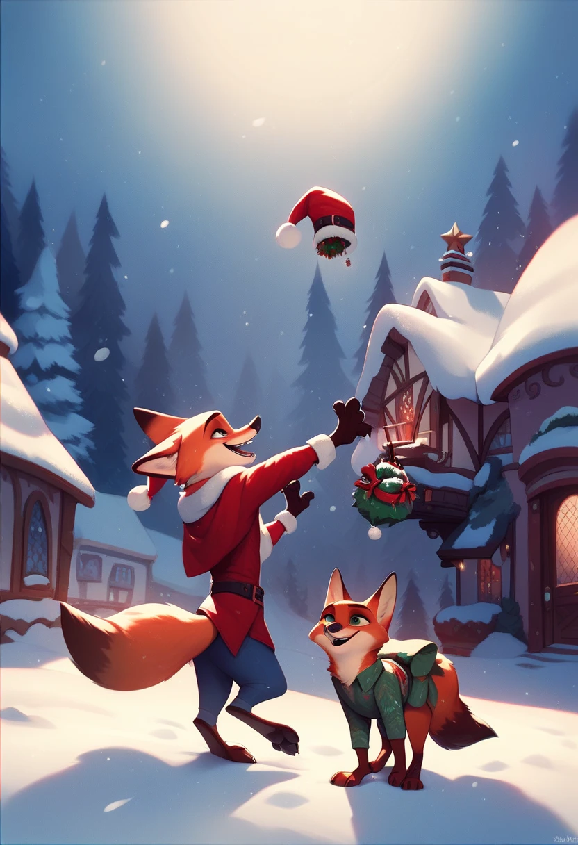 Nick the Fox Man in Zootopia。Winter Zootopia 。night。 snow falling 。 Fantastic。 wearing Santa Claus clothes。Giving presents to ren。smile。