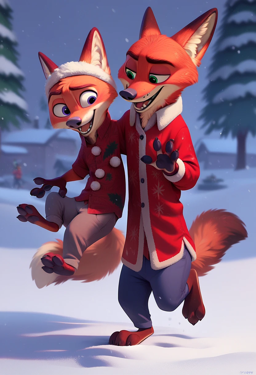 Nick the Fox Man in Zootopia。Winter Zootopia 。night。 snow falling 。 Fantastic。 wearing Santa Claus clothes。Giving presents to ren。smile。