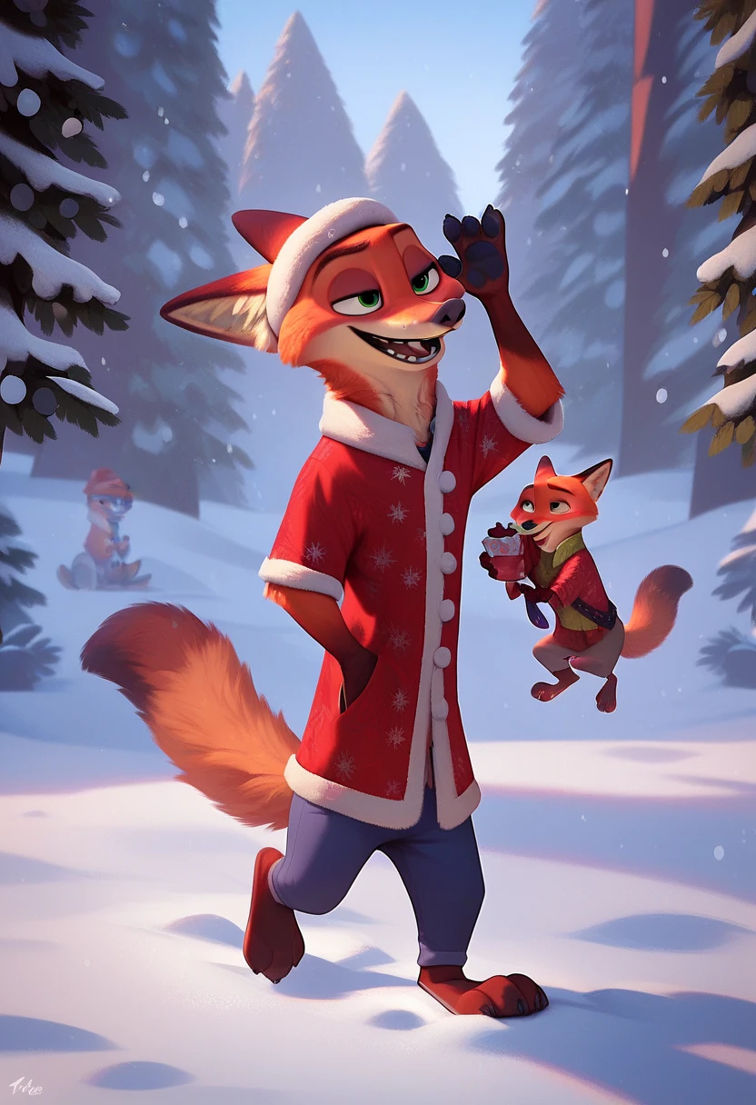 Nick the Fox Man in Zootopia。Winter Zootopia 。night。 snow falling 。 Fantastic。 wearing Santa Claus clothes。Giving presents to ren。smile。