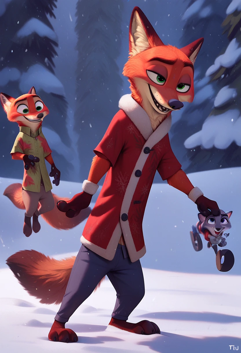 Nick the Fox Man in Zootopia。Winter Zootopia 。night。 snow falling 。 Fantastic。 wearing Santa Claus clothes。Giving presents to ren。smile。