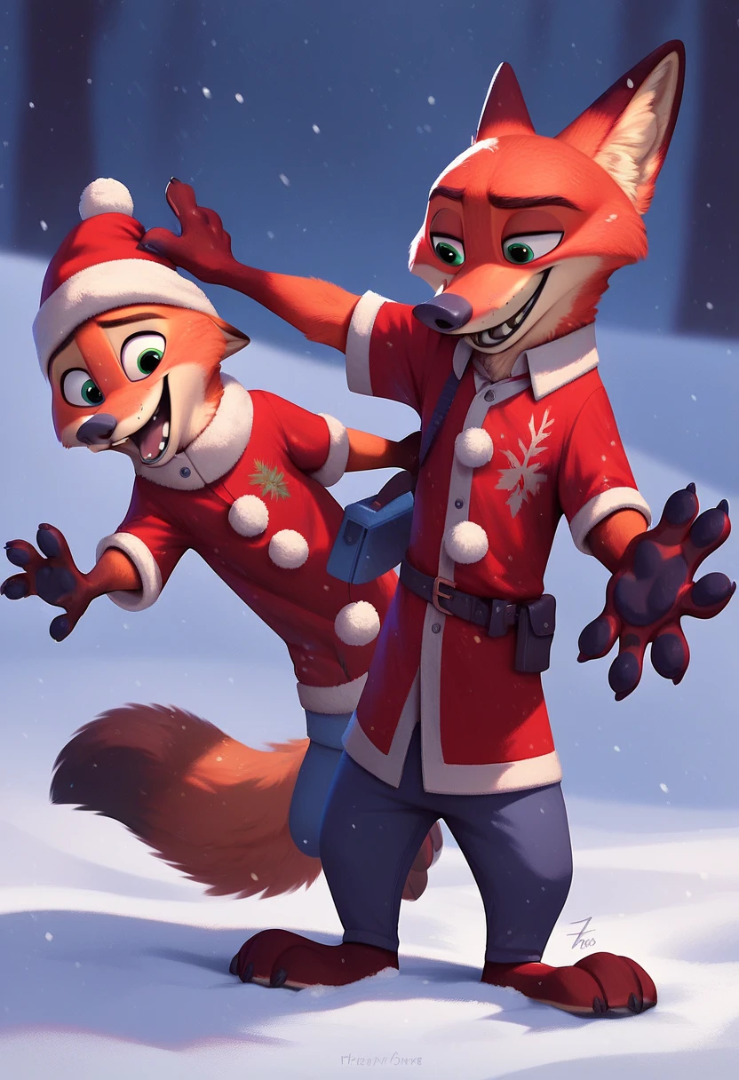 Nick the Fox Man in Zootopia。Winter Zootopia 。night。 snow falling 。 Fantastic。 wearing Santa Claus clothes。Giving presents to ren。smile。