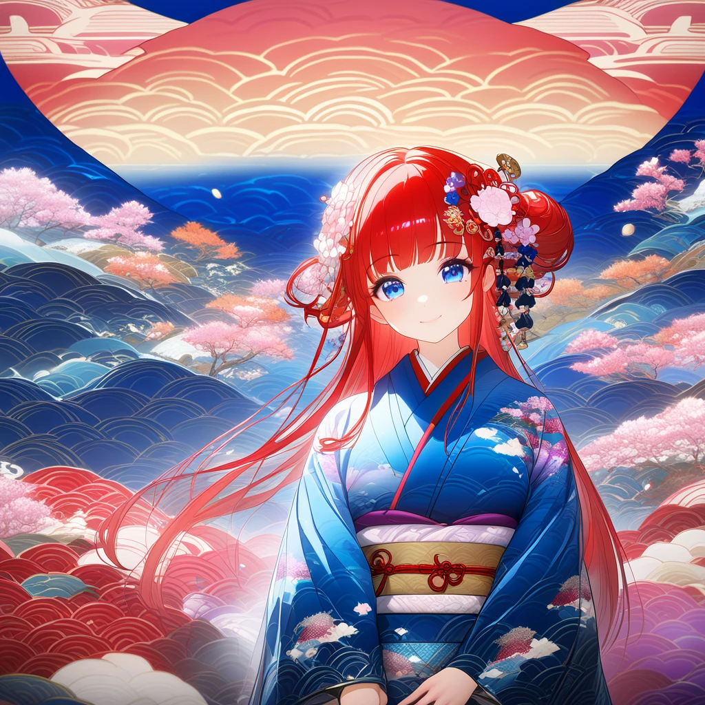   1 girl、Girl、I'm wearing a kimono with red hair  、   The kimono is a pattern with a happy New Year's image、 Hair length is shoulder length、 blue eyes、 bright smile、 The hair ornament is a cherry blossom 、 Facing me, sitting in a straight position 、  PROFILE  、In 8K、 lens flare 、 fun atmosphere、Shine、Familiar with、  complicated 、Many colors、  bright light from the front with blue background 、  Trending Art Station 、Extremely detailed 、  Unreal Engine 5 、masterpiece、 top quality 、 whole body、 The background is an image of Japanese New Year, and the 