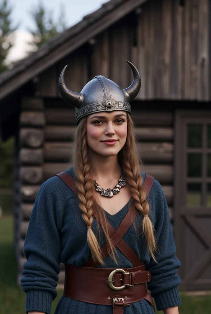 Front View, Viking Girl ,12th century,   viewers,  Swedish Girl ,  beautiful women, 30-age, name is Kerina Knightley, ( very detailed face,  brown eyes, Blonde hair,  long 2 string hair , Small lips, smile ,Viking Helmet with metal horn, shell neck less), (Viking  costume,  blue wool inner, leather chest protector jacket , leather long skirt, boot, coat seal leather),  Near Log House ,  evening 