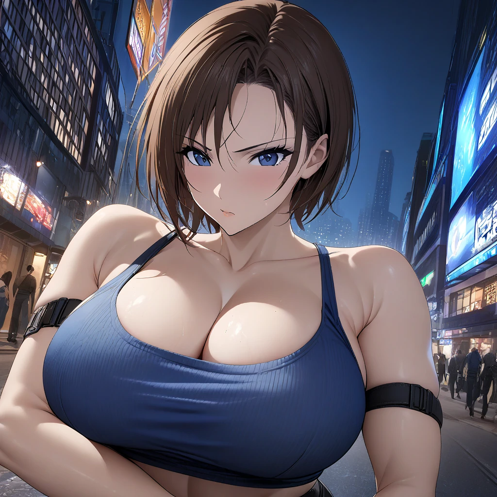   One Girl  ,  Masterpiece ,  highest image quality taken by Ki、 Jill Valentine、 high res、 sexy、 have a handgun 、In the city at night、 black miniskirt、Beautiful breasts、 cleavage、Brown Hair、 short hair 、 slim、 Blue Tube Top 、 lower angle 、 black boots 、 squats、 black panties、Zombies are creeping up