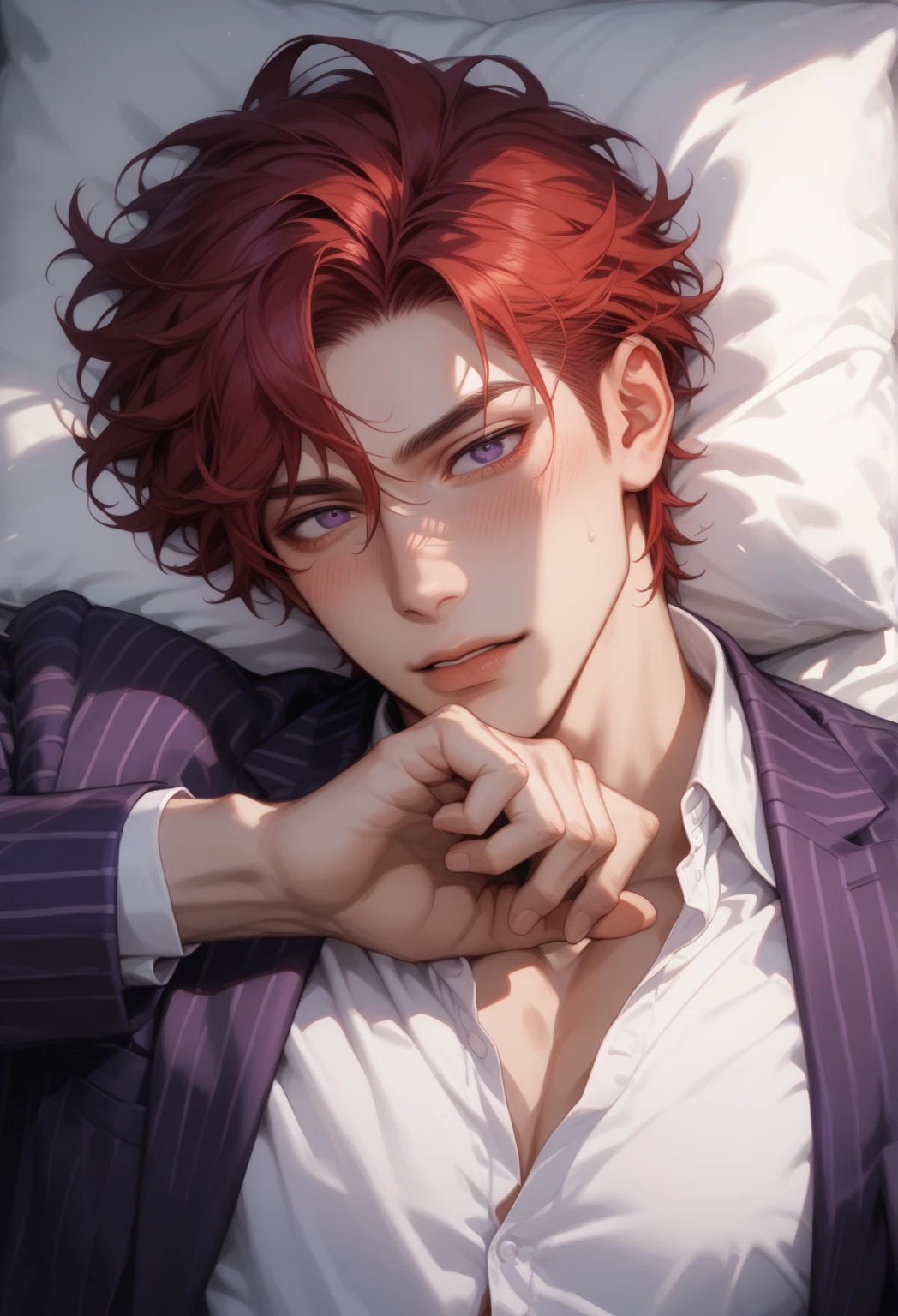 score_9, score_8_up), score_7_up, adult male, short red hair, solo, 1boy, dark purple eyes, male focus, chest, out of frame, reality, (purple striped suit, white shirt, shirt is gaping), (sensual, lustful, blush), sensual pose, sexy, lying down