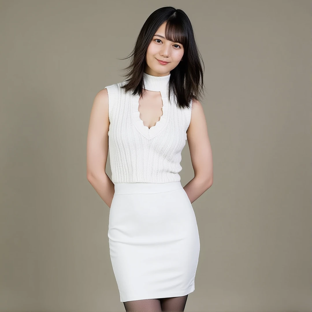 ((( top quality, very detailed, Masterpiece , very detailed,realistic,real person))) ,simple background, from front, medium shot, looking at viewer , light smile, (standing), arms behind back, black hair, medium hair, (white sweater,turtleneck,sleeveless,cleavage cutout) ,pencil skirt,black pantyhose