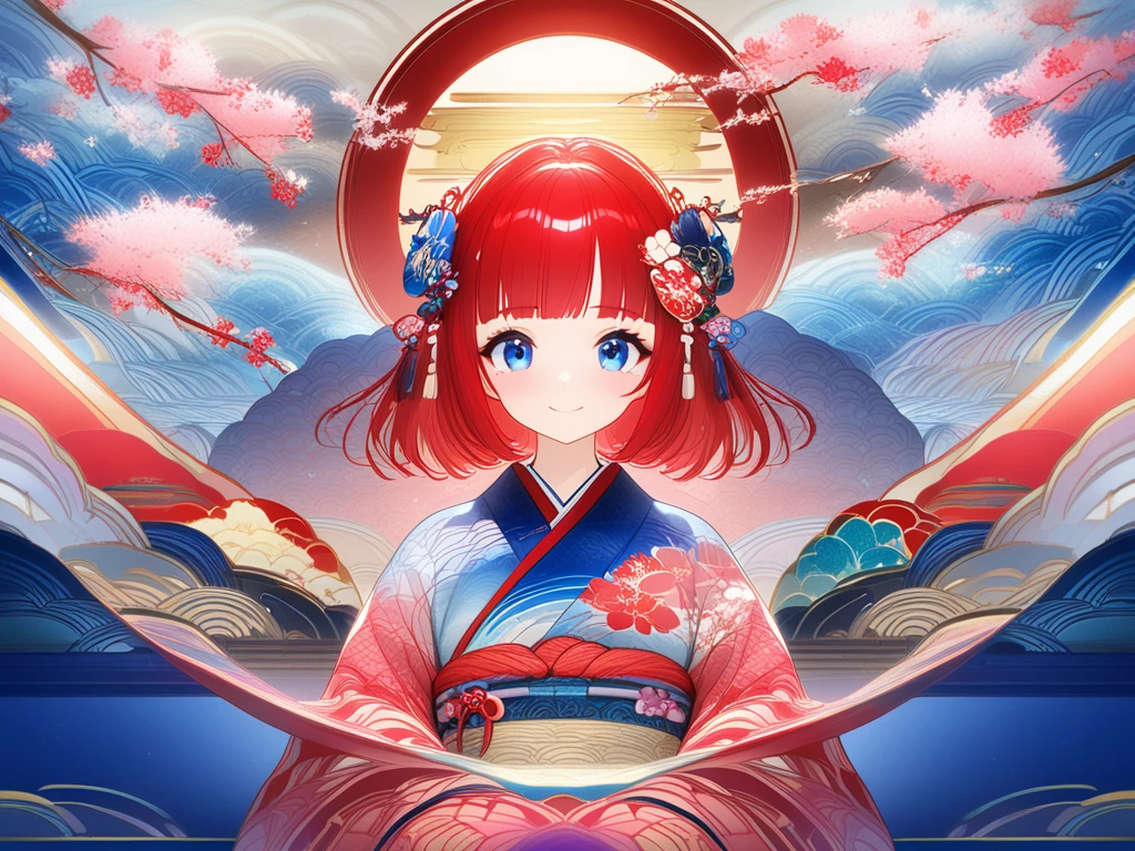   1 girl、Girl、Bob with red hair 、Hair length is shoulder length、 has naturally uneven bangs、 blue eyes、 bright smile、 The hair ornament is a cherry blossom 、  is wearing a kimono  、   The kimono is a pattern with a happy New Year's image、 Facing me, sitting in a straight position 、  PROFILE  、In 8K、 lens flare 、 fun atmosphere、Shine、Familiar with、  complicated 、Many colors、  bright light from the front with blue background 、  Trending Art Station 、Extremely detailed 、  Unreal Engine 5 、masterpiece、 top quality 、 whole body、 The background is an image of Japanese New Year, and the 