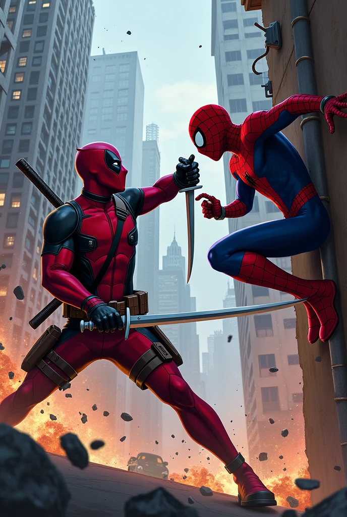 Deadpool fighting spiderman, anime style from studio Wit
