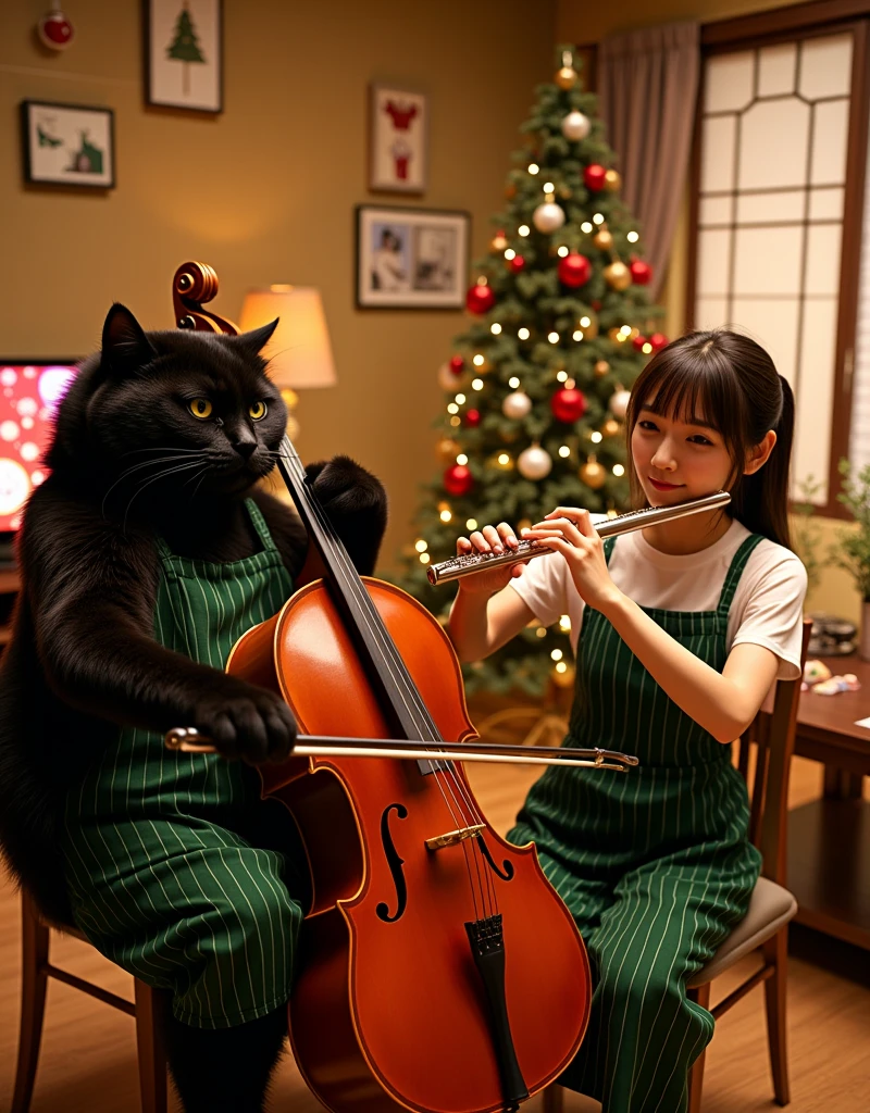 ultra-realistic, photorealistic, dramatic scene, shadow, global-illumination, A duo performance of flute and cello at a modest home Christmas party, (the human-like very large black chubby cat with vertical striped green apron is playing the cello in the stylish Japanese apartment room), (A beautiful with cute Japanese 20 years old girl is playing the flute), (20 years old girl with shoulder-length brown ponytail hair is showing smile), the girl looks so happy,  a TV and table and shelf are in the room, gorgeously decorated with Christmas decorations, Christmas tree, stylish furnishings, 