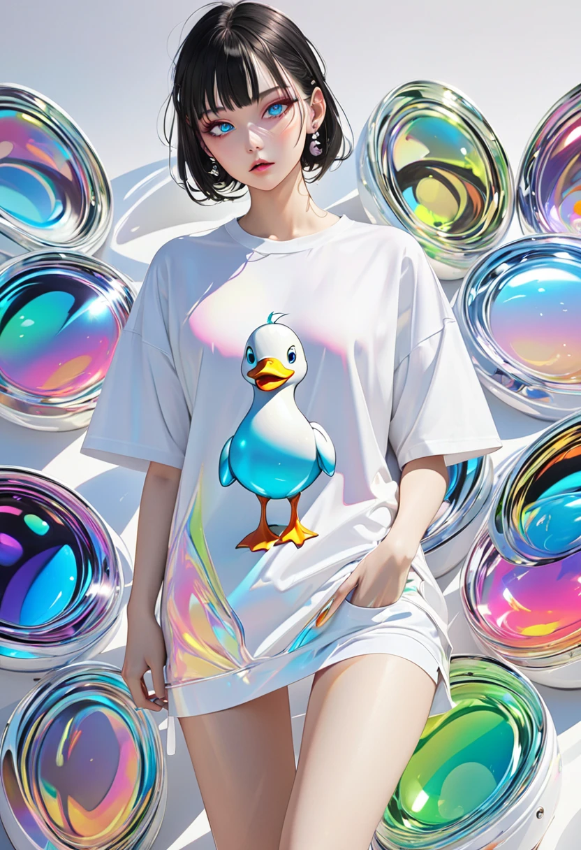 images of world of iridescent pure white, everything is iridescent pure white, method of expression that changes with gradation, beautiful fashion model, captivating eyes, vivid and seductive expression, superlative great body proportion, wearing long T-shirt with cute duck bone character illustration printed on it, various effects, bold and dynamic, contrasts of light and shadow, 2.5D, artistic photography, hyper realistic, ultra detailed, absolutely resolution, masterpiece