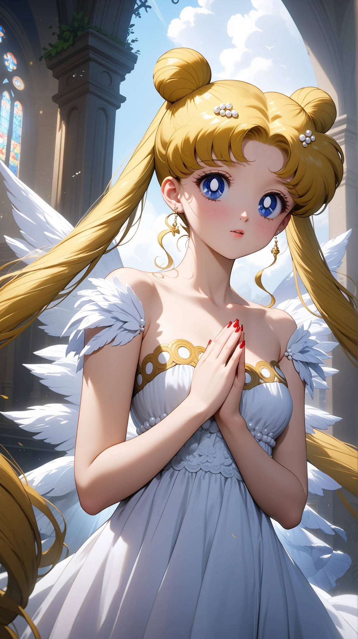 ((Upper body center)) (masterpiece, best quality, very aesthetic , ultra detailed), intriguing details , 4K, blonde hair, double bun, twintails, small breasts, blue eyes, 1girl, red nails, solo, Best quality, masterpiece, High Definition, church, detailed background, intricate details, day, white dress, lush shoulders, praying, Высокое разрешение