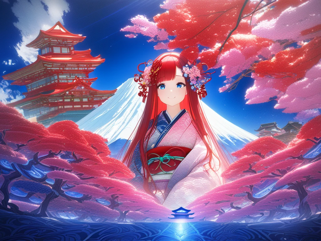   1 girl、Girl、Bob with red hair 、Hair length is shoulder length、 has naturally uneven bangs、 blue eyes、 bright smile、 The hair ornament is a cherry blossom 、  is wearing a kimono  、   kimono with the face facing forward is a pattern with a happy New Year's image、 Facing me, sitting in a straight position 、  PROFILE  、In 8K、 lens flare 、 fun atmosphere、Shine、Familiar with、  complicated 、Many colors、  bright light from the front with blue background 、  Trending Art Station 、Extremely detailed 、  Unreal Engine 5 、masterpiece、 top quality 、 whole body、The background is Mount Fuji in Japan