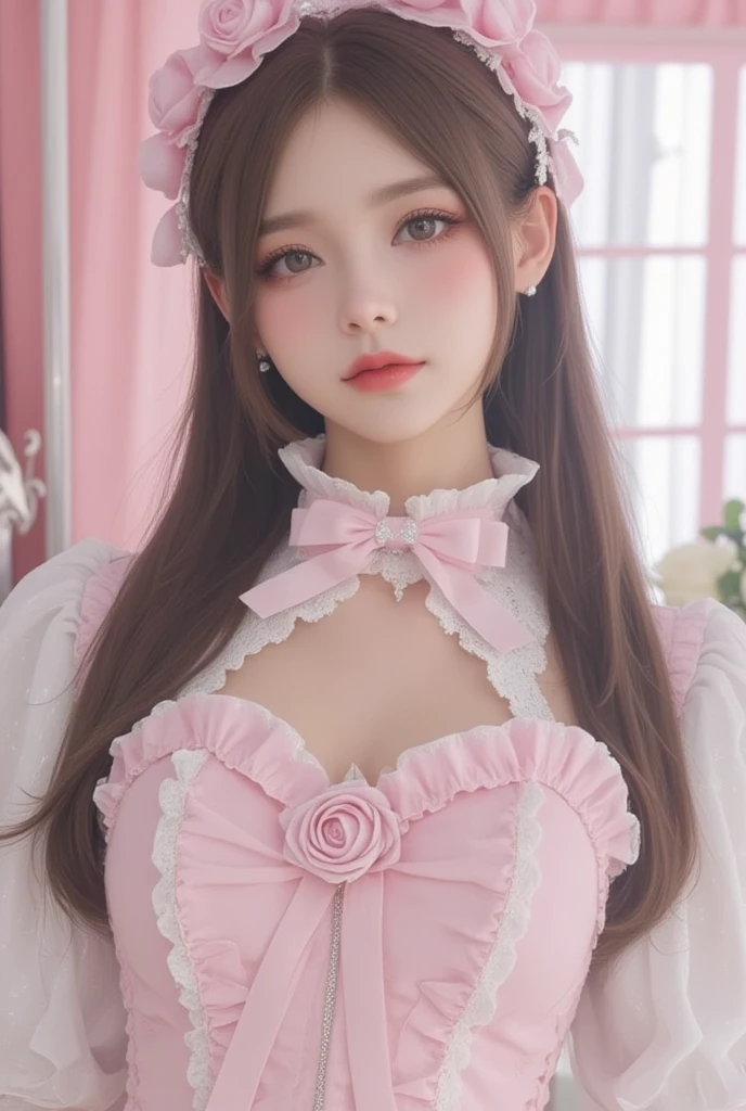 ( top quality 、masterpiece、8k、  highest image quality taken by Ki 、 Hyperrealism 、 Award-winning works )、1 Lolita girl、(Alone:1.1)、(1 photo:1.1)、( face close-up :1.4)、( Cute and Girly Light Pink Ruffled Open Chest Lolita Princess Dress:1.2)、Girly lace decoration、cute frill decoration、(cute rose flower :1.1)、Cute wavy hair、( perfect girly hairstyle :1.1)、( perfect big pretty ribbon :1.1)、( breast too big:1.2)、(  large cleavage:1.2)、(Cute heart symbols:1.1)、 Lots of cute frills 、 emphasizes your body line、 slender body、( intricate Lolita room background with lots of pastel-colored furniture:1.1)、( light pink lolita dream room :1.1)、( Lots of cute furniture in pastel colors :1.2)、( cute light blue chest :1.2)、(cute light blue desk:1.2)、( cute light pink dressing table :1.3)、(LOTS OF CUTE FURNITURE , Perfectly organized:1.1)、(Cute girly curtains in pastel colors:1.1)、(Very bright and vivid:1.1)、(Beautiful Pastel Wall with Lovely Decor :1.1)、 Blurry Background、Standing gracefully in the center of the room、( accurate anatomy:1.1)、 Completely-valid、 has long eyelashes、 glossy lips 、Ultra HD glossy skin、( super high res, Bright and beautiful skin:1.2)、超高精細の glossy lips 、 super high res beautiful teeth、( plump body:1.1)、Cute heart symbols、wide々Stylish lolita room、(Vase of roses:1.1)、( Light coming in through beautifully decorated windows .:1.1)