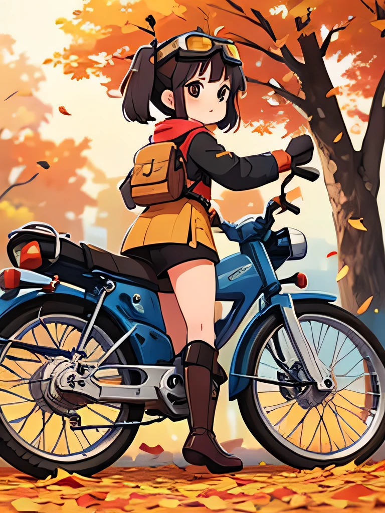 32K，UHD High Definition，  octane rendering，   steampunk，( Ultra-fine: 1.2)，  young girl，  Ride a Super Cub  ，  knight ，cute，Very small physique  ，  thin thighs  ，   small yellow super cub with lots of luggage，  short dress like a kimono，  down jacket  ， Half length twin tail  ，  black hair，goggles，  black boots，Super Cub Details，autumn，autumn leaves，   medium shot from behind   ,