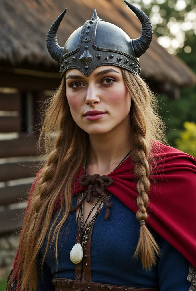 Front View, Viking Girl ,12th century,   viewers,  Swedish Girl ,  beautiful women, 30-age, name is Kerina Knightley, ( very detailed face,  brown eyes, Blonde hair,  long 2 string hair , Small lips, smile ,Viking Helmet with metal horn, shell neck less), (Viking  costume,  blue wool inner, leather chest protector jacket , leather long skirt, boot, red seal leather croak),  Near Log House ,  evening 