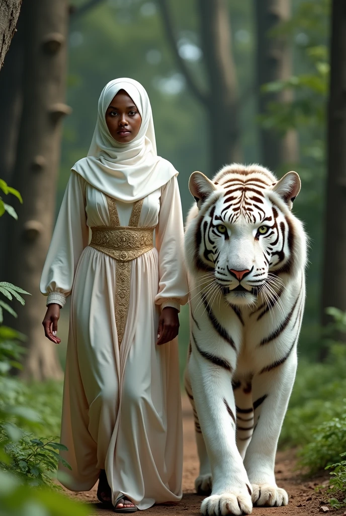 REALITY, front view, An Indonesian woman wearing a gamis and hijab walks on a path in the middle of a green and dense forest., with fog in the background. Beside this person stood a white tiger walking side by side.. The white tiger&#39;s face looks like it is eyeing its prey.