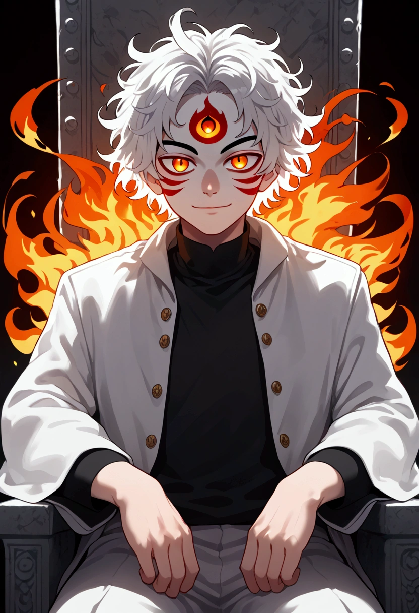 man, fiery hair, white skin, red face paint, anime style, fire, yellow cat eyes, white hair, third eye on forehead, smile, messy hair, light white jacket, black shirt underneath, sitting on a throne, hands covered in fire, cat eyes, solo