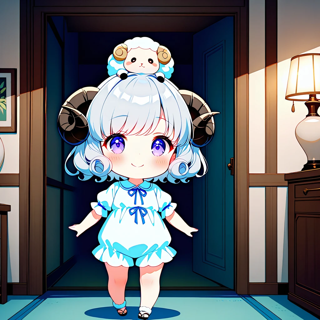 ((masterpiece, best quality, extremely detailed, absurdres)), Inside a room, fairy tale illustration, kawaii, 1girl, solo, (chibi:1.1), full body shot, standing, very cute smile, silver hair, very short hair, (curly hair:1.2), (sheep horns on head:1.4), (Sleepwear:1.4), 