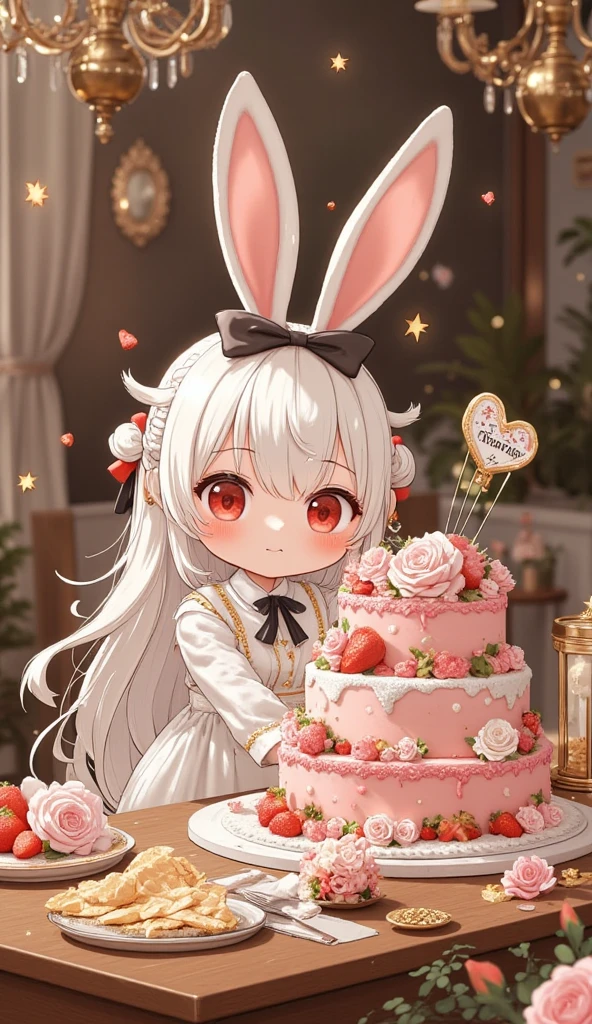 text on cake say "THANK 5000 LOVE". Pop and vivid and comical and colorful and cute art. gorgeous and colorful heart marks and star marks. rabbit girl\(chibi,cute, kawaii,red eyes,white rabbit ears, wearing pretty white dress embroidered with shiny white silk, luxuriously braided long white hair, big black hair bow, bangs, idol, looking at cake, put strawberry on cake, smiling\) making huge gigantic multilevel decorated cake\(with fresh strawberry and colorful rose\).decorated room for a party, inviting viewer. Thanking. newest anime style.Perfect hand,Detailed hand. focus the cake, beautiful bokeh, great vivid lighting, chandelier, Scandinavian